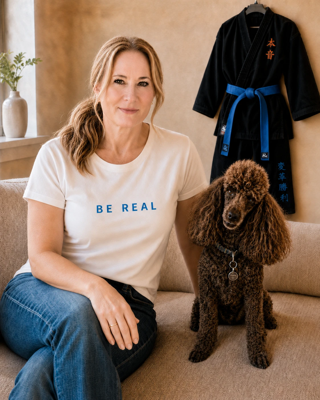 Susan Callaghan, interview coach and career coach, founder of InterviewReady, sitting on a sofa with her poodle