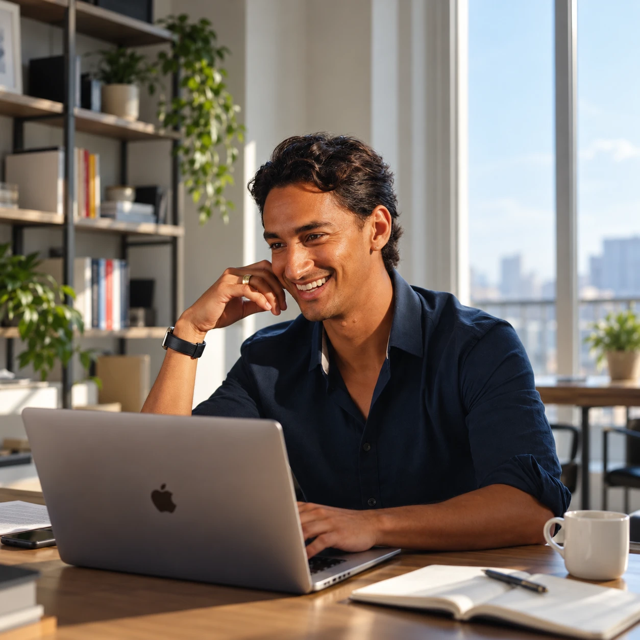 A smiling professional on a video call at a laptop in a sunlit office