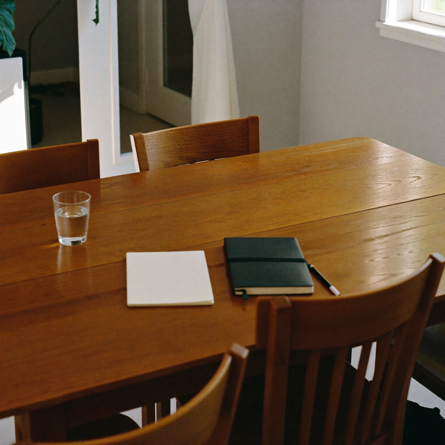 A wooden table with a notebook, pen and glass of water