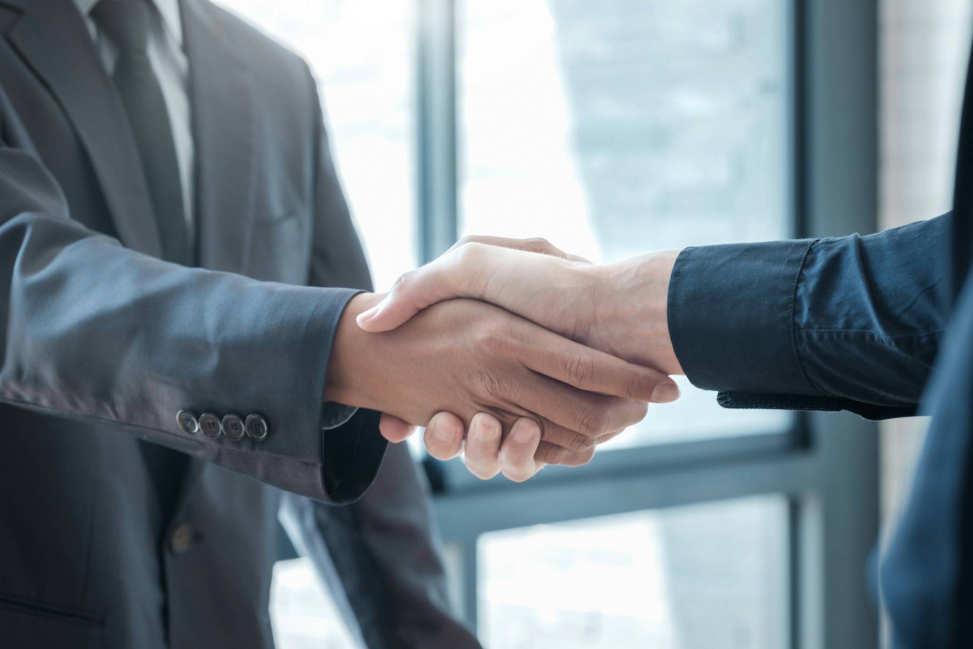 Two professionals shaking hands in front of a window