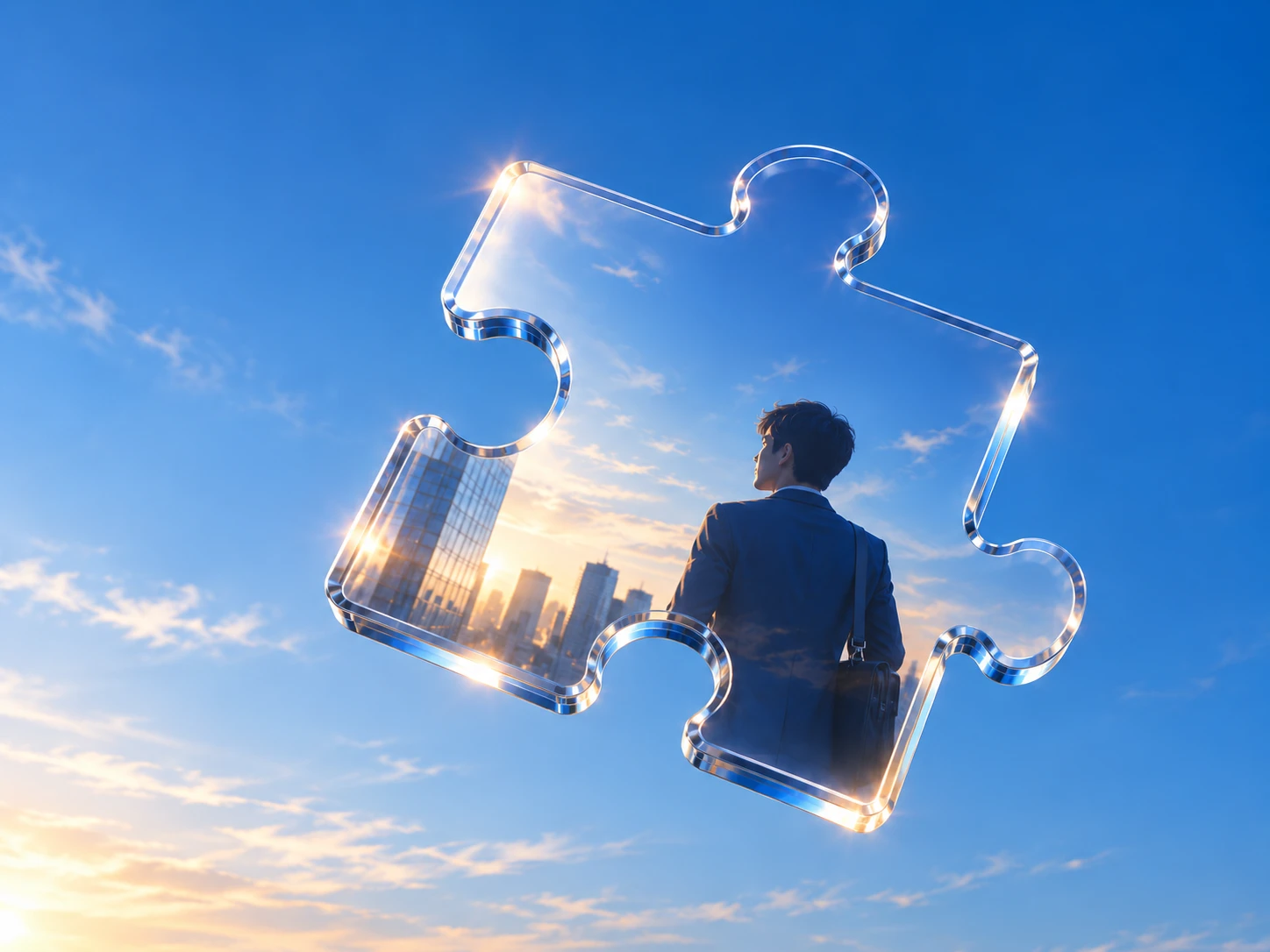 A professional looking out over a city skyline through a glass puzzle piece